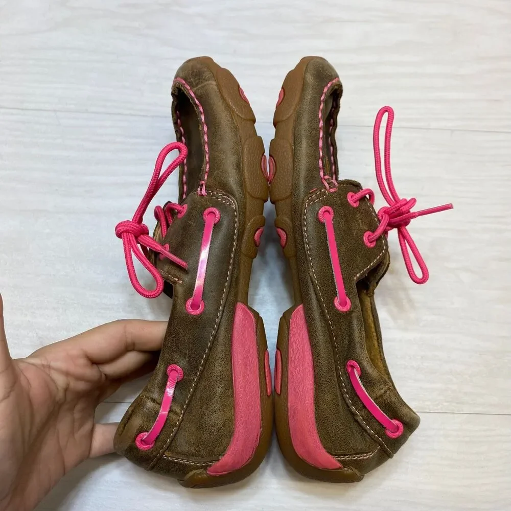 Twisted‎ X Driving Mocs Youth 5M Brown / Pink Lace Up Breast Cancer Awareness